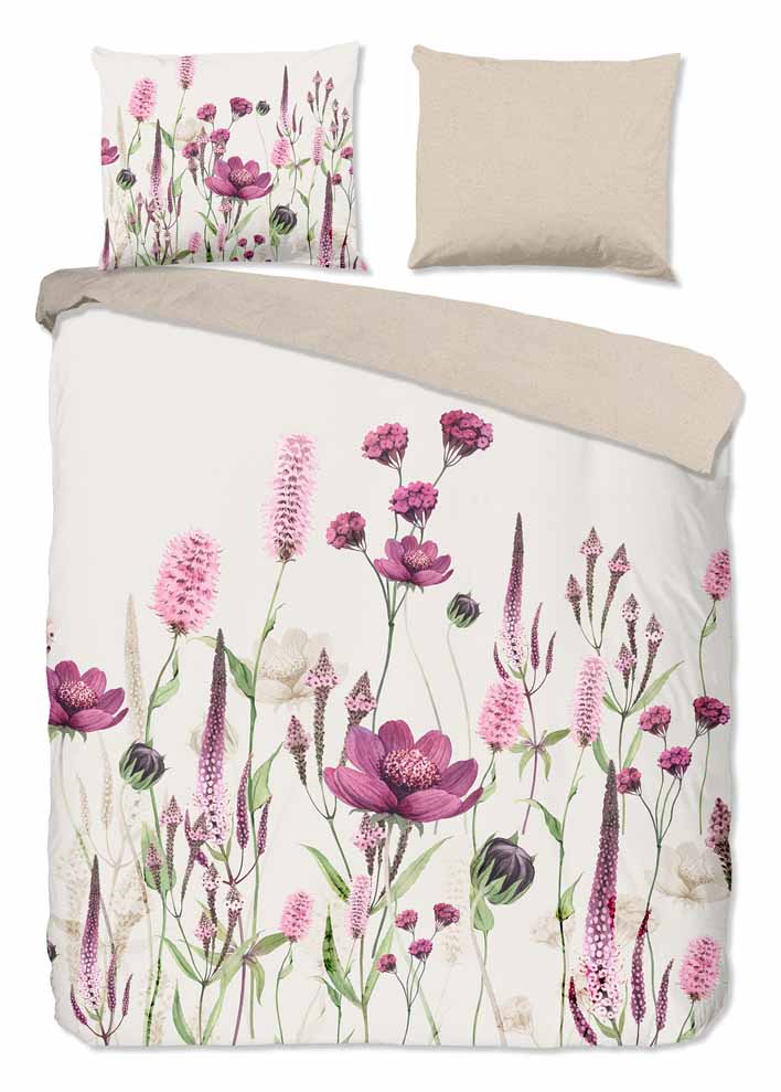 Good Morning dekbedovertrek HALA sand met roze bloemenprint voorkant 2 persoons