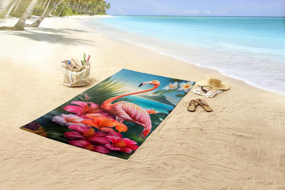 good morning microfiber 100x180 strandhanddoek flamingo bloemen zee print badlaken 10160 Jerry sfeerfoto
