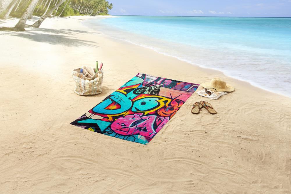 strandlaken voor kinderen stoer graffiti fiets good morning microfiber 20135 Charlie sfeerfoto