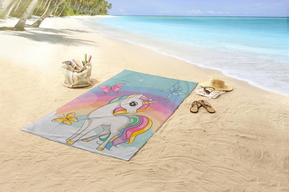 kinder strandlaken unicorn regenboog good morning 75x150 microfiber pastel 30750 dash sfeerfoto
