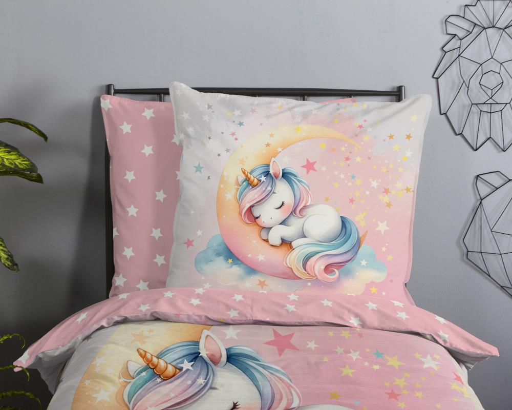 Good Morning kinderdekbedovertrek Molly met slapende eenhoorn op maan in roze sterrenhemel 33303 detail foto duitsland