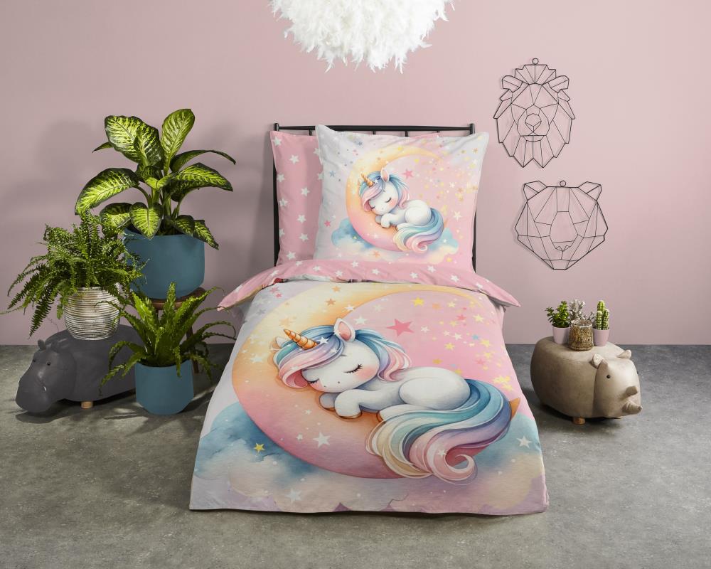 Good Morning kinderdekbedovertrek Molly met slapende eenhoorn op maan in roze sterrenhemel 33303 sfeerfoto duitsland