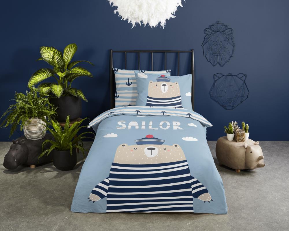 Good Morning Captain kinderdekbedovertrek met beer in matrozen shirt en blauwe ankers print 33491 sfeerfoto