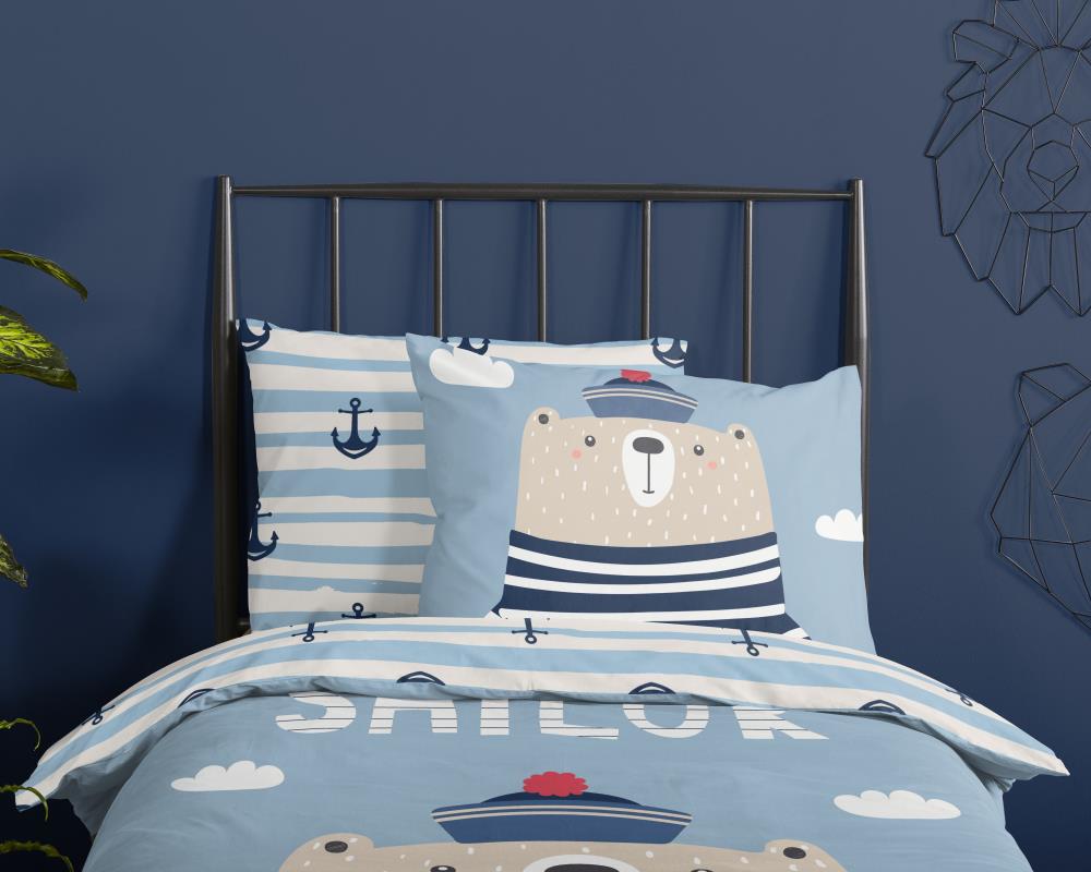 Good Morning Captain kinderdekbedovertrek met beer in matrozen shirt en blauwe ankers print 33491 detailfoto