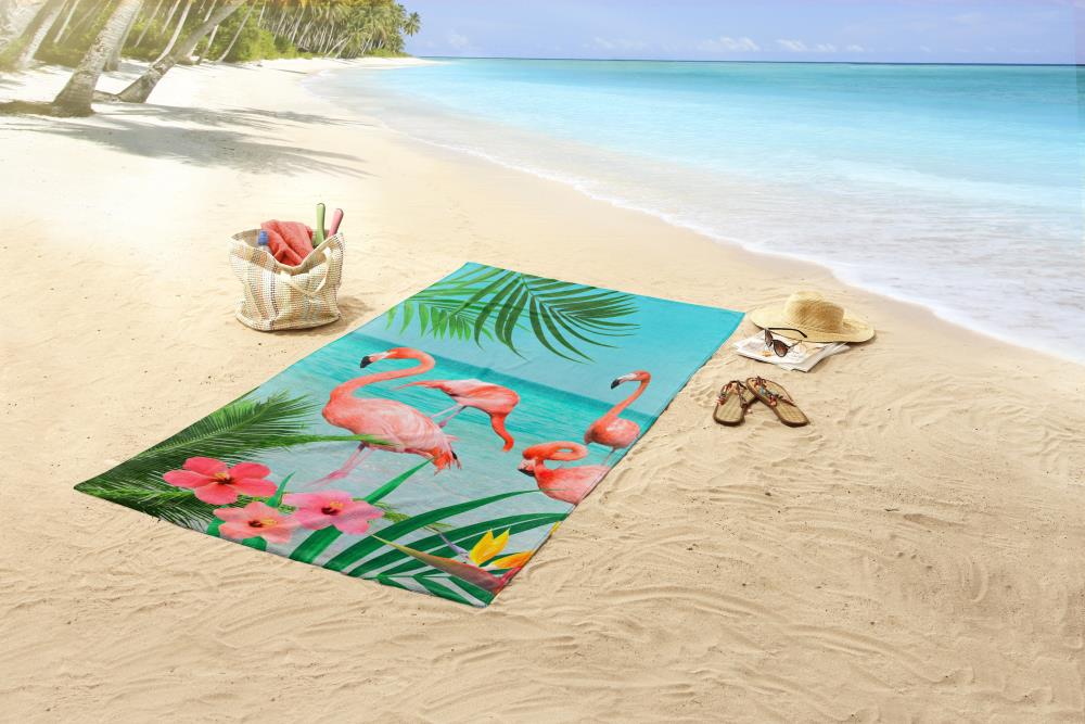 strandhanddoek flamingo palmbomen bloemen good morning microfiber 100x180 6422 flamingo sfeerfoto