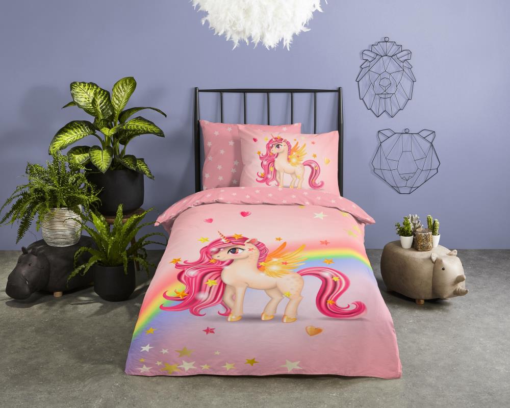Dekbedovertrek Good Morning 140x220 + 1* 60x70 cm - 6925.99.01 Kinder dekbed overtrek roze met regenboog en unicorn 6925 little sfeerfoto
