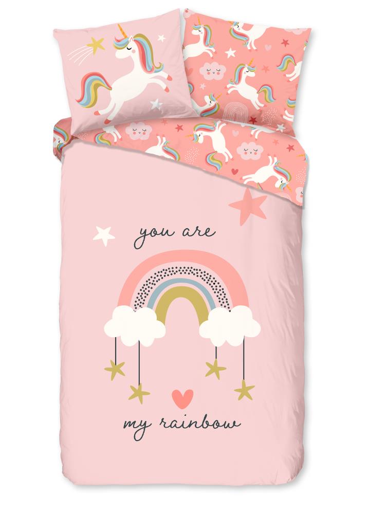 Dekbedovertrek ZouZou 140x220 + 1* 60x70 cm - 33396.70.01 ZouZou Susann kinderdekbedovertrek unicorn roze met regenboog en eenhoorns 33396 productafbeelding