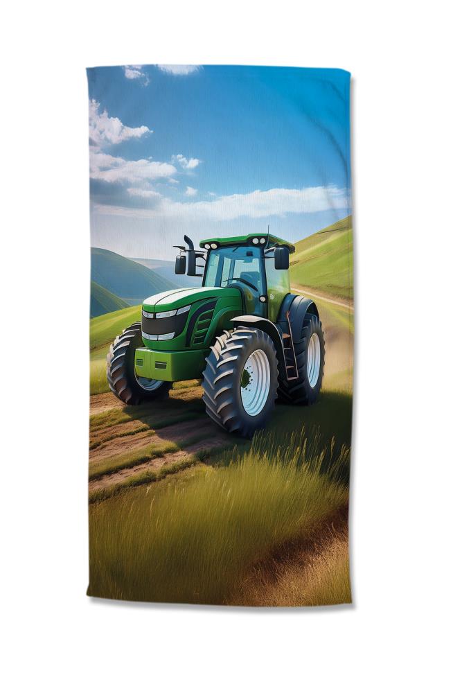 Strandlaken Good Morning 75x150 cm - 10147.44.80 kinder strandlaken tractor landschap groen Good Morning microfiber 10147 Aart productfoto