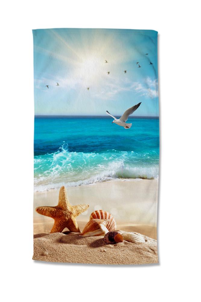 strandlaken zee schelpen strand golven meeuwen Good Morning microfiber 100x180 30825 Sealife productfoto