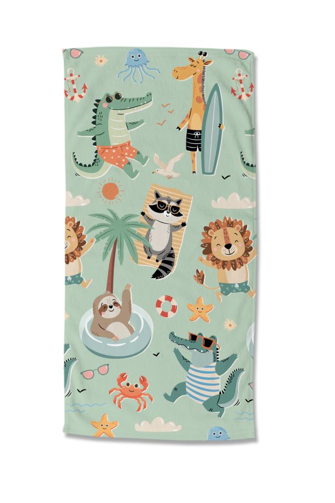 Strandlaken Good Morning 75x150 cm - 33465.44.80 kinder strandlaken dieren strand vakantie groen microfiber Good morning 33465 soleil productfoto