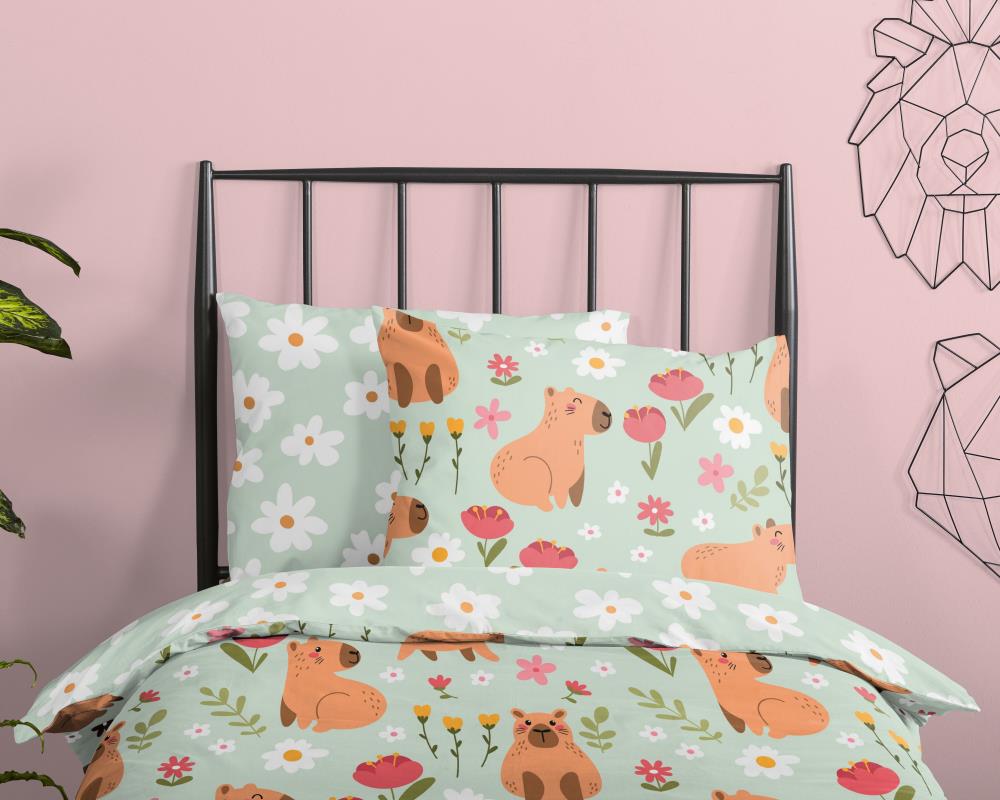 Kinderdekbedovertrek Capibara Good Morning 1 persoons (140x200/220 cm) 100% katoen renforcé mint - 10187.60.01