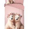 Good Morning katoenen dekbedovertrek met twee witte beren en roze bloemenkransjes - kinder overtrek katoen 33340 Twins productfoto
