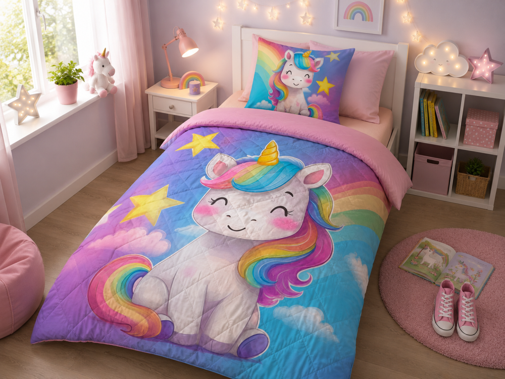 Microfiber kinderdekbed met eenhoorn en regenboog 140x200 cm - wasbaar 2 in 1 dekbed 10181 sissy sfeerfoto