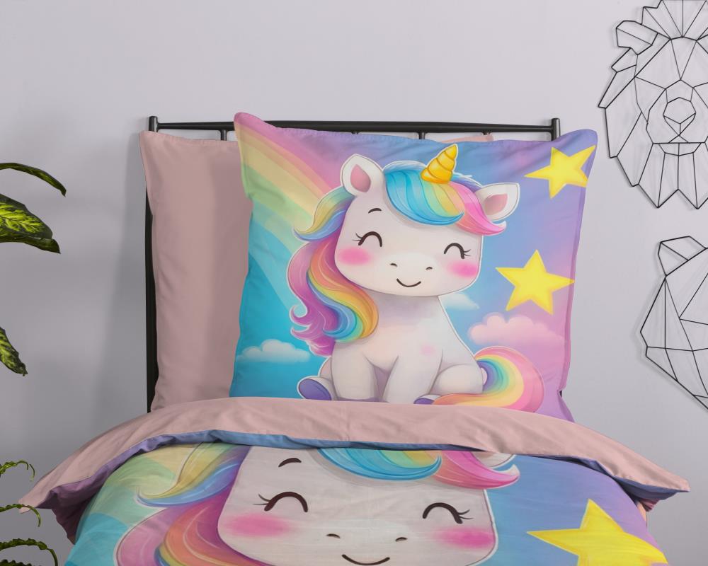 Kinder bedset eenhoorn met sterren wolken en regenboog - wasbaar 2 in 1 dekbed 10181 sissy sfeerfoto detail