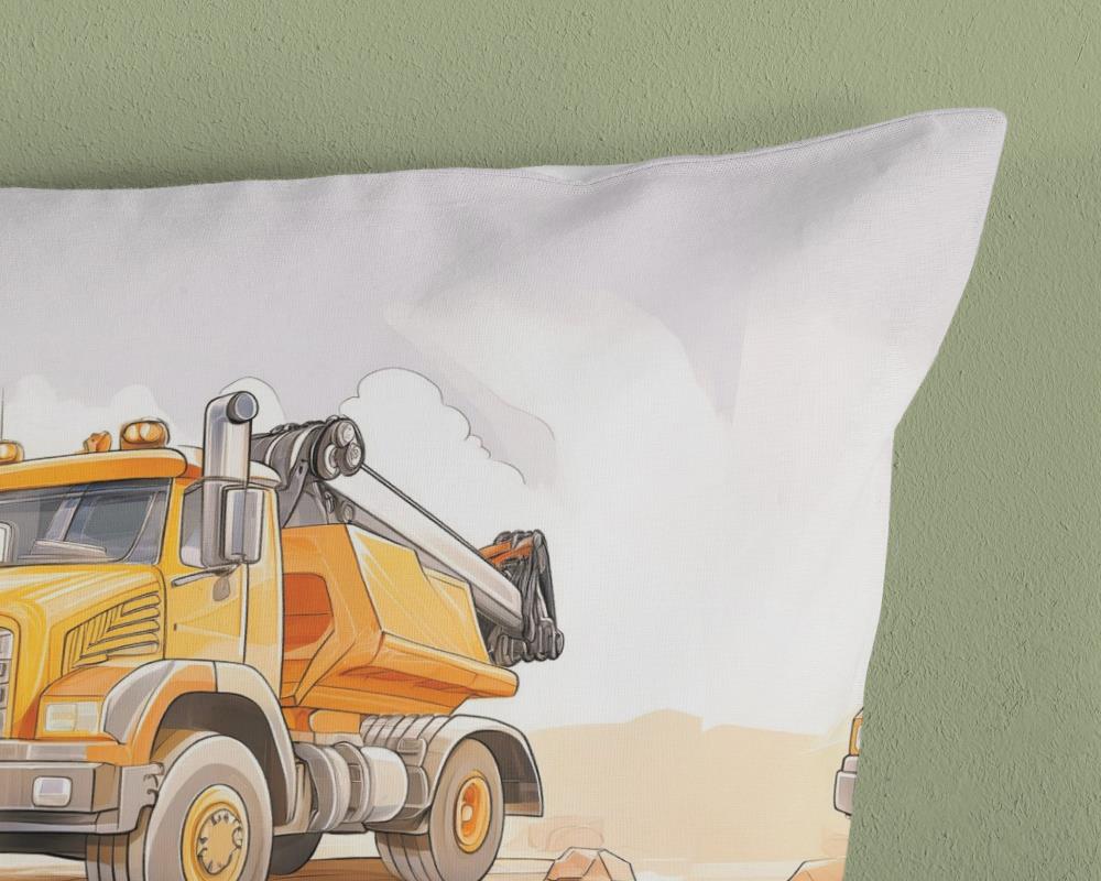 Witte print met kleine bouwvoertuigen voor kinderen - overtrek katoen 10190 excavator kwaliteit detail