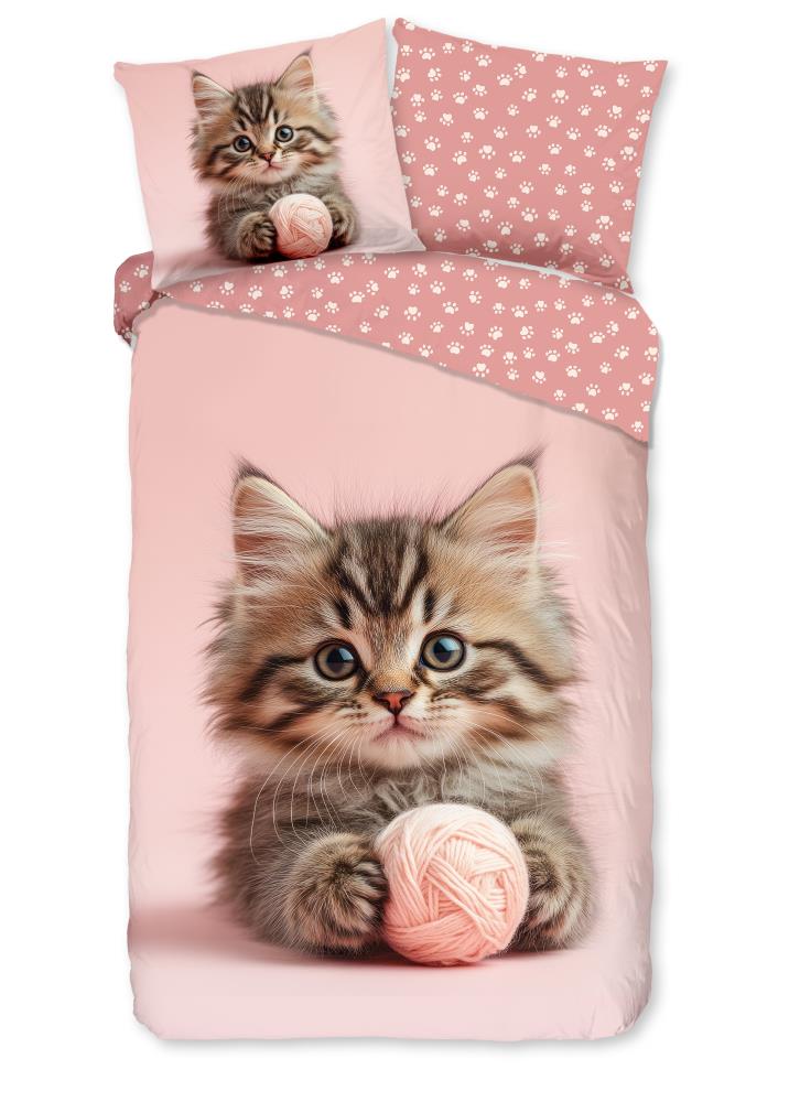 Good Morning katoenen kinderdekbedovertrek kitten bolletje wol roze - kinder overtrek katoen 33312 Chat productfoto